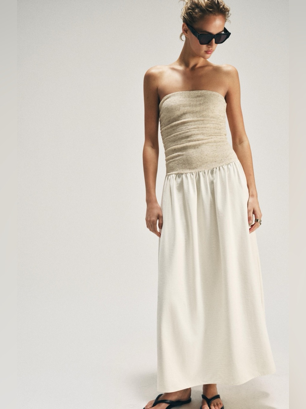 Zara Strapless Mid-Ecru Skirt Dress in Beige and Cream